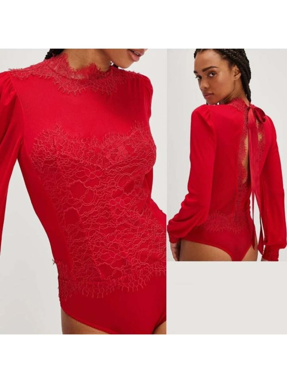 Free People Sweet Nothings Lace Long Sleeve Red Bodysuit Size M